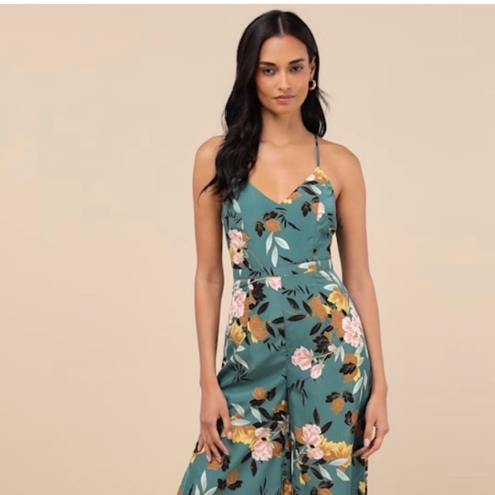 Lulus Beautiful Blooms Teal Green Floral Print Wide-leg Jumpsuit - Size Sm